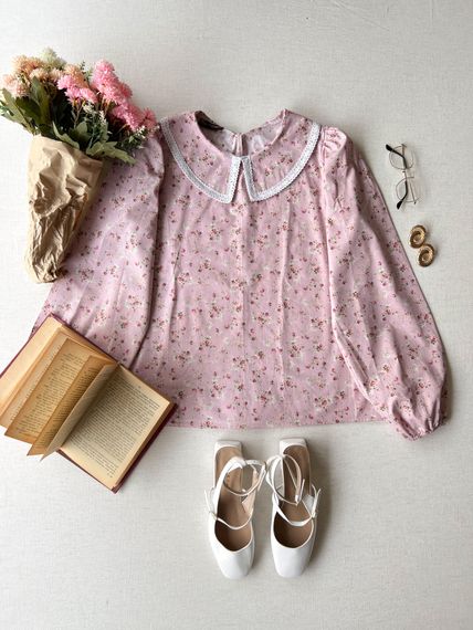  Vintage Pink-Burgundy Floral Baby Collar Poplin Blouse - photo 2