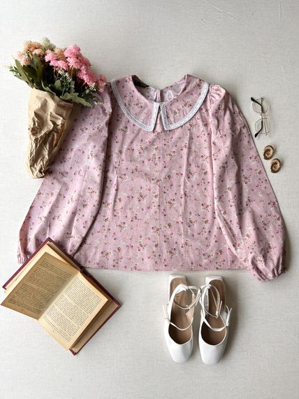  Vintage Pink-Burgundy Floral Baby Collar Poplin Blouse - photo 1