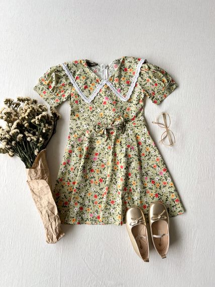 Green Floral Vintage Collar Girls' Dress - photo 2