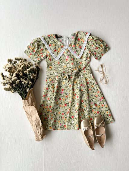 Green Floral Vintage Collar Girls' Dress - photo 1