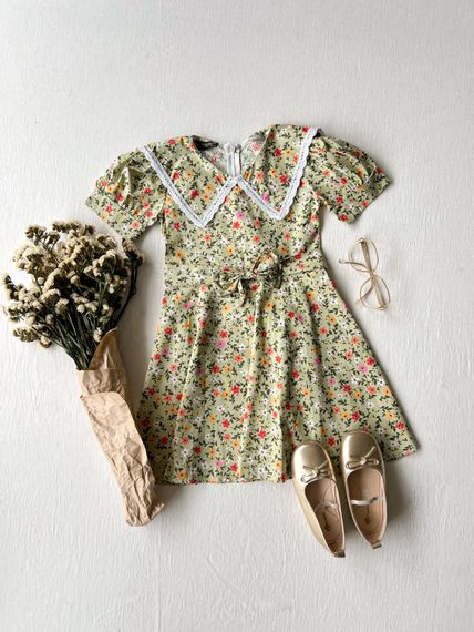 Green Floral Vintage Collar Girls' Dress - photo 3