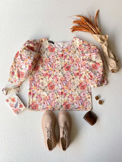 Vintage Turuncu Pastel Çiçekli Salaş Kesim Balon Kol Bluz - fotoğraf 1