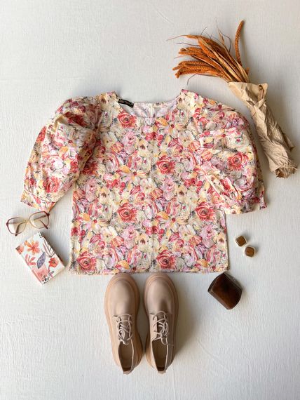 Vintage Turuncu Pastel Çiçekli Salaş Kesim Balon Kol Bluz - fotoğraf 2