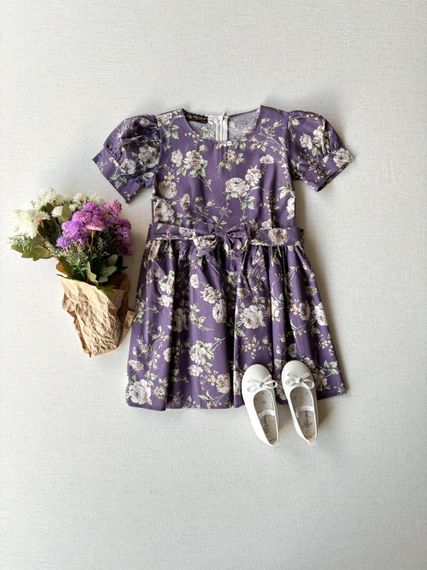 Фіолетова сукня з попліну для дівчаток 6-7 років, 100% бавовна, з поясом-бантом, не просвічується - фото 1