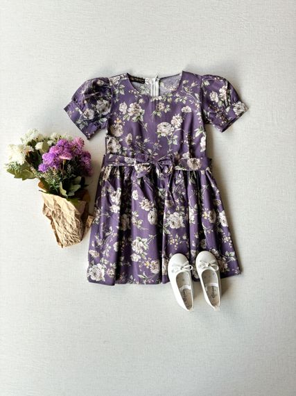 Фіолетова сукня з попліну для дівчаток 6-7 років, 100% бавовна, з поясом-бантом, не просвічується - фото 2