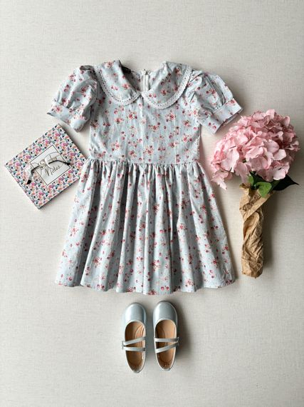 Mavi-Bordo Çiçekli Bebe Yaka Tunik ve Kız Çocuk Elbise Kombin - fotoğraf 3