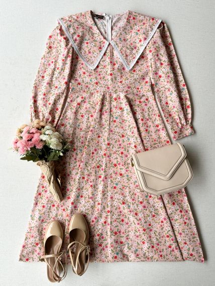 Вінтажна пінова сукня з кольоровими квітами, клоші, модель S-36, довжина 135 см, з поплінового бавовняного матеріалу - фото 2