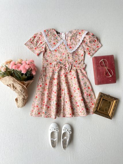 Вінтажна сукня з квітковим дизайном для дівчаток 6-7 років, 100% бавовняна поплінова тканина, з фіалковим поясом - фото 1