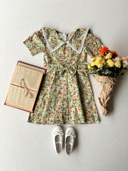 Green Floral Vintage Collar Girls' Dress - photo 1