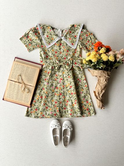 Green Floral Vintage Collar Girls' Dress - photo 2