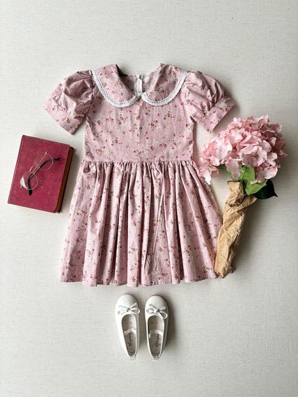 Елегантна рожевий і бордовий сукня з бебі-комірцем для дівчаток віком 6-7 років, 100% бавовна, ручне прання рекомендовано - фото 1