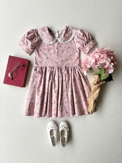 Елегантна рожевий і бордовий сукня з бебі-комірцем для дівчаток віком 6-7 років, 100% бавовна, ручне прання рекомендовано - фото 2