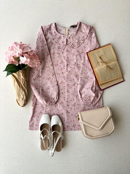 مزيج من التونيك ذو الياقة للأطفال باللون الوردي-البنفسجي والأحمر الزهري مع فستان للفتيات - صورة 2