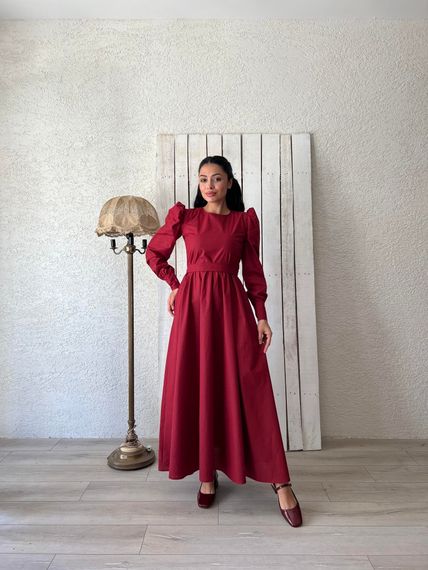 Tesettür Bordo Kloş Poplin Elbise - fotoğraf 2