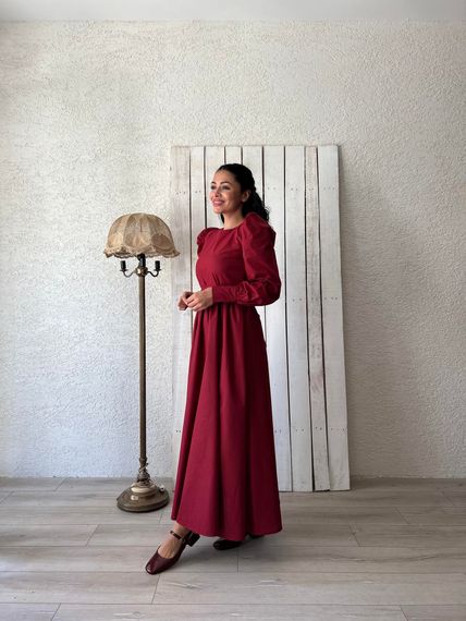 Tesettür Bordo Kloş Poplin Elbise - fotoğraf 3