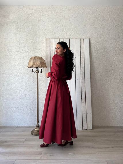 Tesettür Bordo Kloş Poplin Elbise - fotoğraf 4