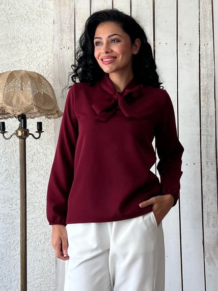 Бордо блузка з зав'язкою на шиї з креп-тканини, ідеальна для повсякденного використання та ніжного стилю - фото 1