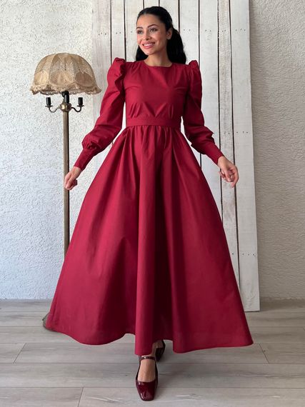 Tesettür Bordo Kloş Poplin Elbise - fotoğraf 1