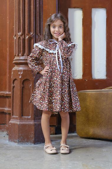 Vintage Uzun Kol Seyyar Yaka Kahve  Çiçekli Kat Kat Kız Çocuk Elbise - photo 2