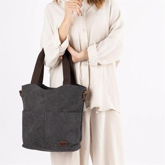 Ççs 31489 Çift Bölmeli Kanvas Kadın El ve Omuz Çanta Siyah - photo 5