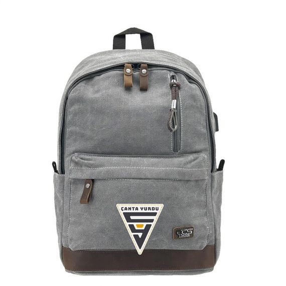 Чоловічий рюкзак Ççs London 51568 сірого кольору з USB входом, водонепроникна канвас, відділ для ноутбука до 15,6 дюймів, з натуральними шкіряними деталями - фото 1