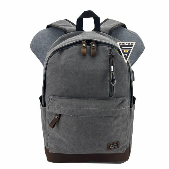 Чоловічий рюкзак Ççs London 51568 сірого кольору з USB входом, водонепроникна канвас, відділ для ноутбука до 15,6 дюймів, з натуральними шкіряними деталями - фото 5