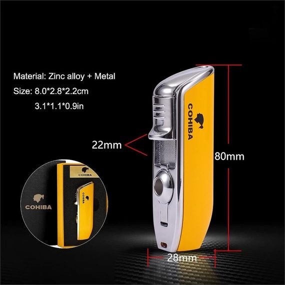 Классическая зажигалка Cohiba CCM0214 с 3-х струйным пламенем, металлическая, желтая, с механизмом для сигар и возможностью регулировки газа - фото 2