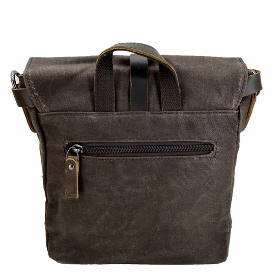 Сумка через плече з вінтажної канвасної тканини та натуральної шкіри, водонепроникна, розміри 26X22X10 см, коричнева, з магнітною застібкою - фото 2