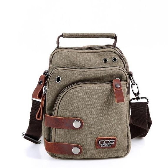 Сумка через плече чоловіча ÇÇS London 31471 з канвасу, зелена, 16x20x6 см, з регульованим ременем, 3 кишені з блискавкою - фото 1