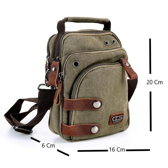 Сумка через плече чоловіча ÇÇS London 31471 з канвасу, зелена, 16x20x6 см, з регульованим ременем, 3 кишені з блискавкою - фото 3
