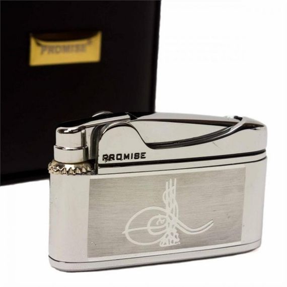 Osmanlı Tuğralı İbelo Tarz Gazlı Çakmak Gümüş Renk - fotoğraf 1