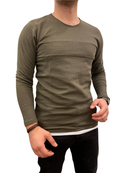 Чоловіча однотонна сорочка з круглим вирізом - 51594 - хакі - фото 3