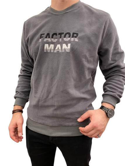 Men's Factor Man Text Printed Crew Neck Plain Basic Sweat - 51635 - Anthracite - photo 1