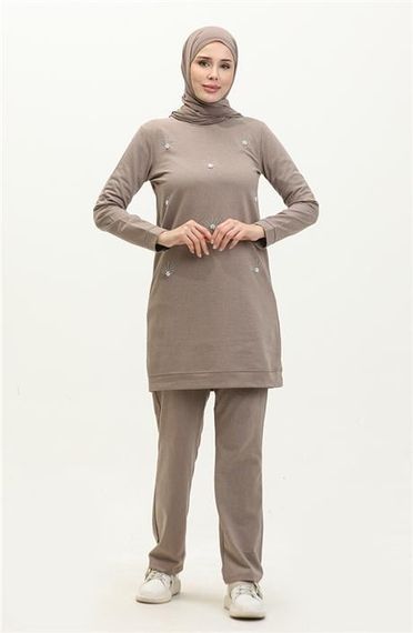 Bisiklet Yaka Uzun Tunik Pantolon Sade Basic Spor Takımı - 03050.016 - Vizon - fotoğraf 2