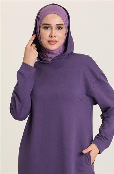 Atlas Kapşonlu Uzun Sade Basic Sweatshirt - 03007.013 - Mor - fotoğraf 4