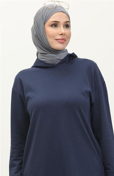 Atlas Kapşonlu Uzun Sade Basic Sweatshirt - 03007.006 - İndigo - fotoğraf 3