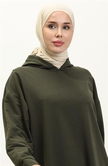 Atlas Kapşonlu Uzun Sade Basic Sweatshirt - 03007.005 - Haki - fotoğraf 3