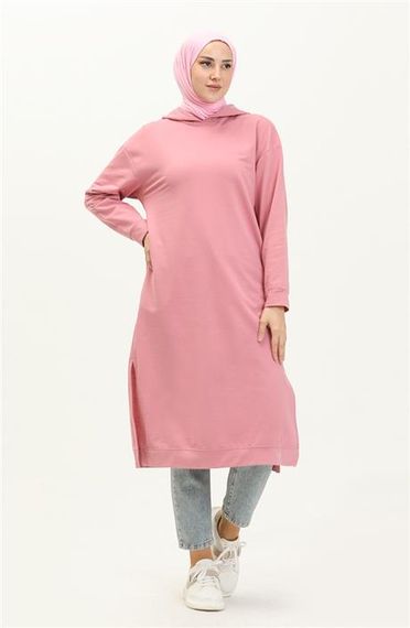 Atlas Kapşonlu Uzun Sade Basic Sweatshirt - 03007.014 - Pembe - fotoğraf 2