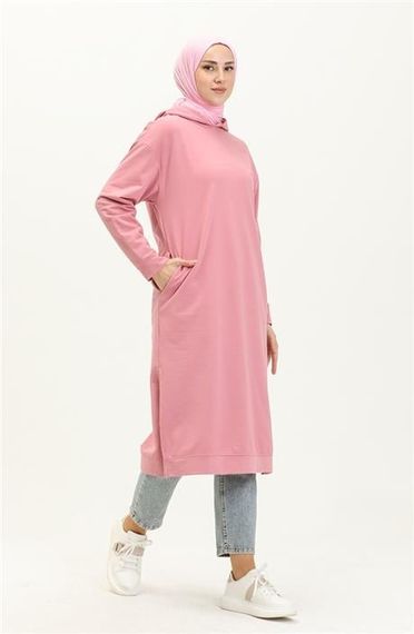 Atlas Kapşonlu Uzun Sade Basic Sweatshirt - 03007.014 - Pembe - fotoğraf 1