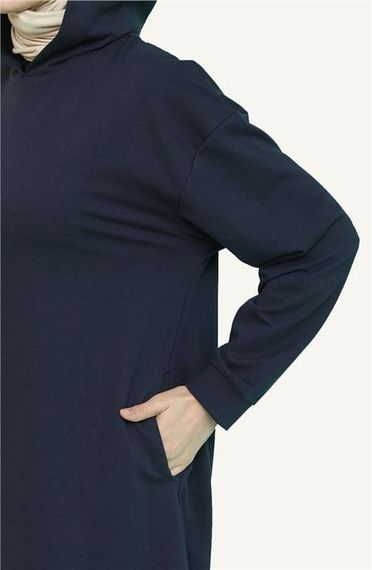 Atlas Kapşonlu Uzun Sade Basic Sweatshirt - 03007.015 - Lacivert - fotoğraf 4