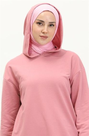 Atlas Kapşonlu Uzun Sade Basic Sweatshirt - 03007.014 - Pembe - fotoğraf 3