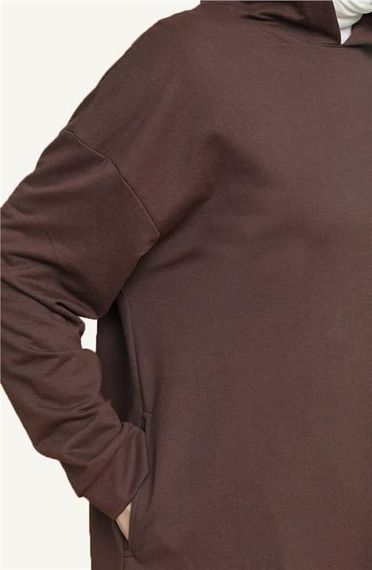 Atlas Kapşonlu Uzun Sade Basic Sweatshirt - 03007.028 - Kahverengi - fotoğraf 4