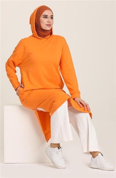 Atlas Kapşonlu Uzun Sade Basic Sweatshirt - 03007.036 - Oranj - fotoğraf 2