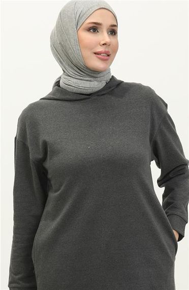 Atlas Kapşonlu Uzun Sade Basic Sweatshirt - 03007.017 - Antrasit - fotoğraf 3