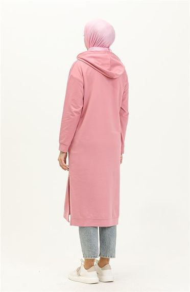 Atlas Kapşonlu Uzun Sade Basic Sweatshirt - 03007.014 - Pembe - fotoğraf 5