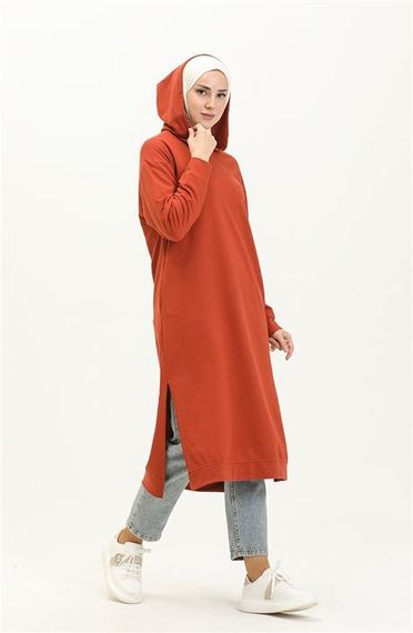 Atlas Kapşonlu Uzun Sade Basic Sweatshirt - 03007.030 - Kiremit - fotoğraf 2