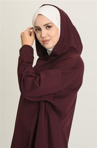 Atlas Kapşonlu Uzun Sade Basic Sweatshirt - 03007.020 - Mürdüm - fotoğraf 4