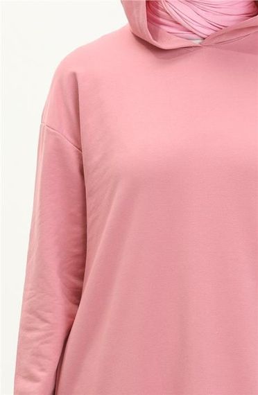 Atlas Kapşonlu Uzun Sade Basic Sweatshirt - 03007.014 - Pembe - fotoğraf 4