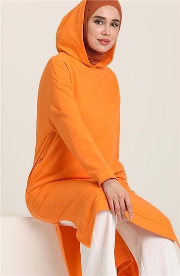 Atlas Kapşonlu Uzun Sade Basic Sweatshirt - 03007.036 - Oranj - fotoğraf 4