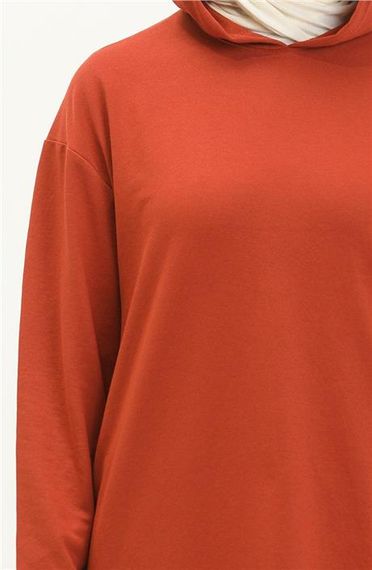 Atlas Kapşonlu Uzun Sade Basic Sweatshirt - 03007.030 - Kiremit - fotoğraf 4